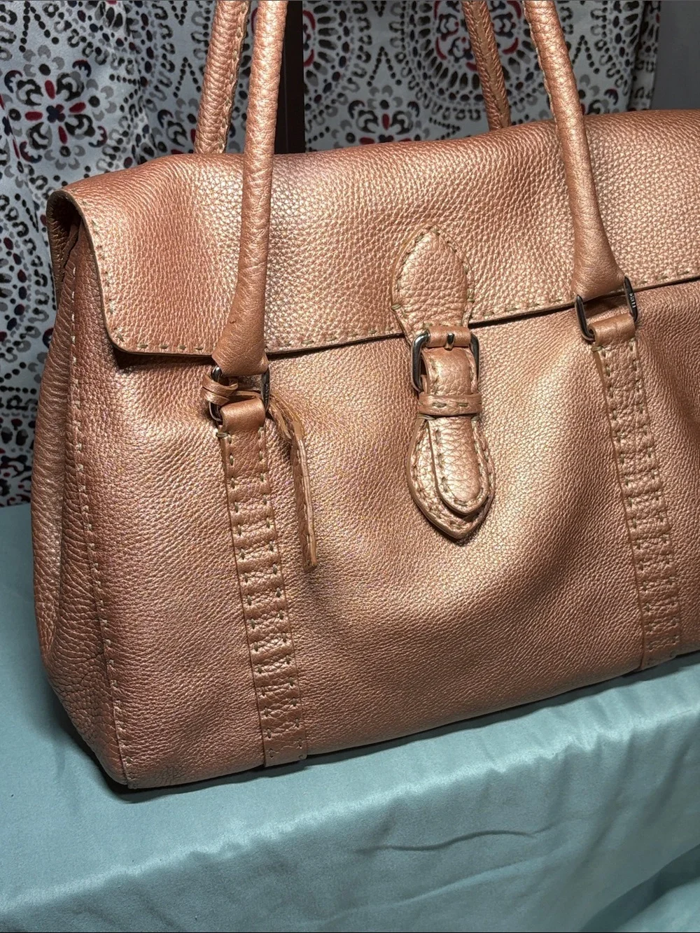 Fendi Selleria Linda Metallic Bronze Leather Satchel Bag